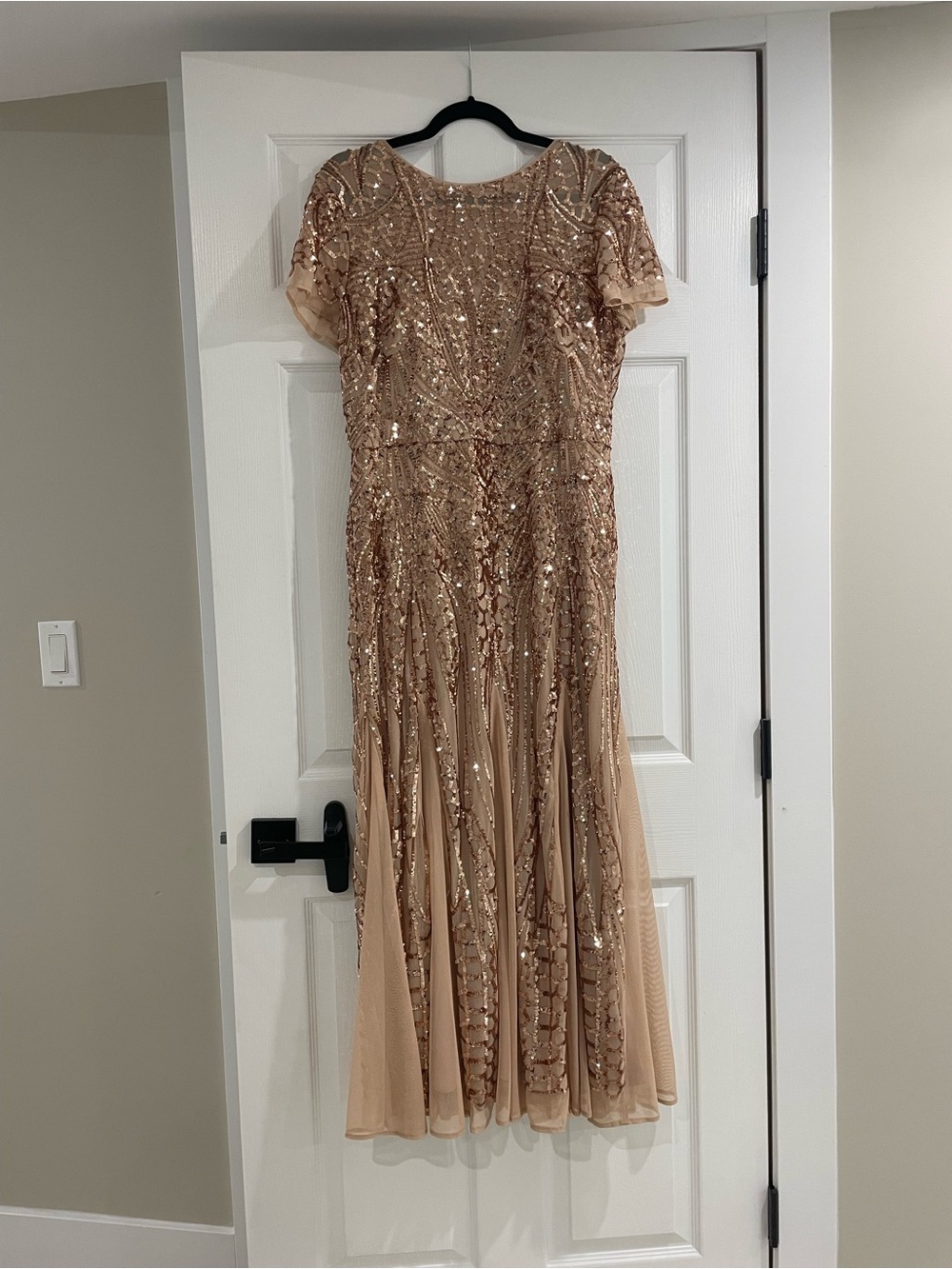 R&M Richard’s Elegant Rose Gold Sequin Evening Dress